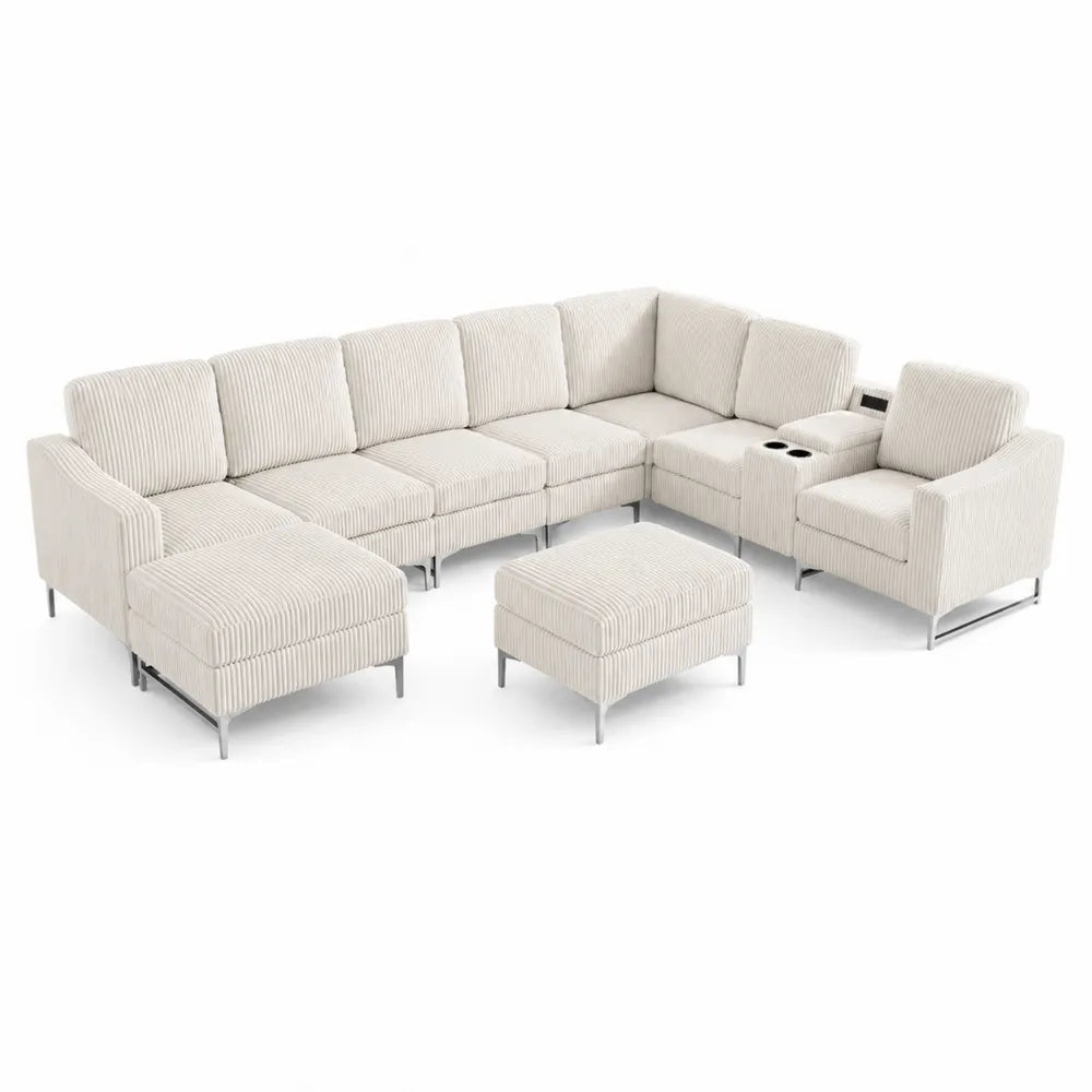Canap¨¦ Modulaire en Tissu C?tel¨¦ Beige avec Repose-Pieds et