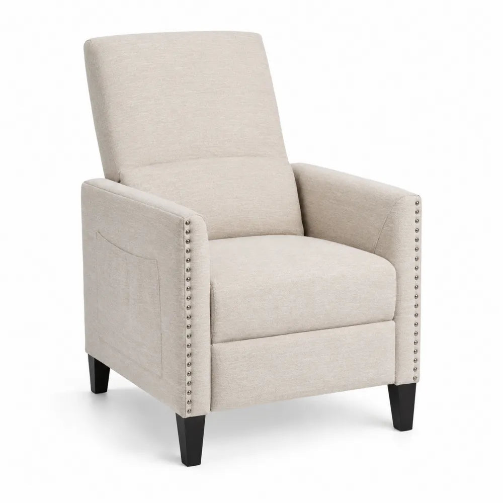 Fauteuil inclinable en tissu polyester beige avec pieds en bois