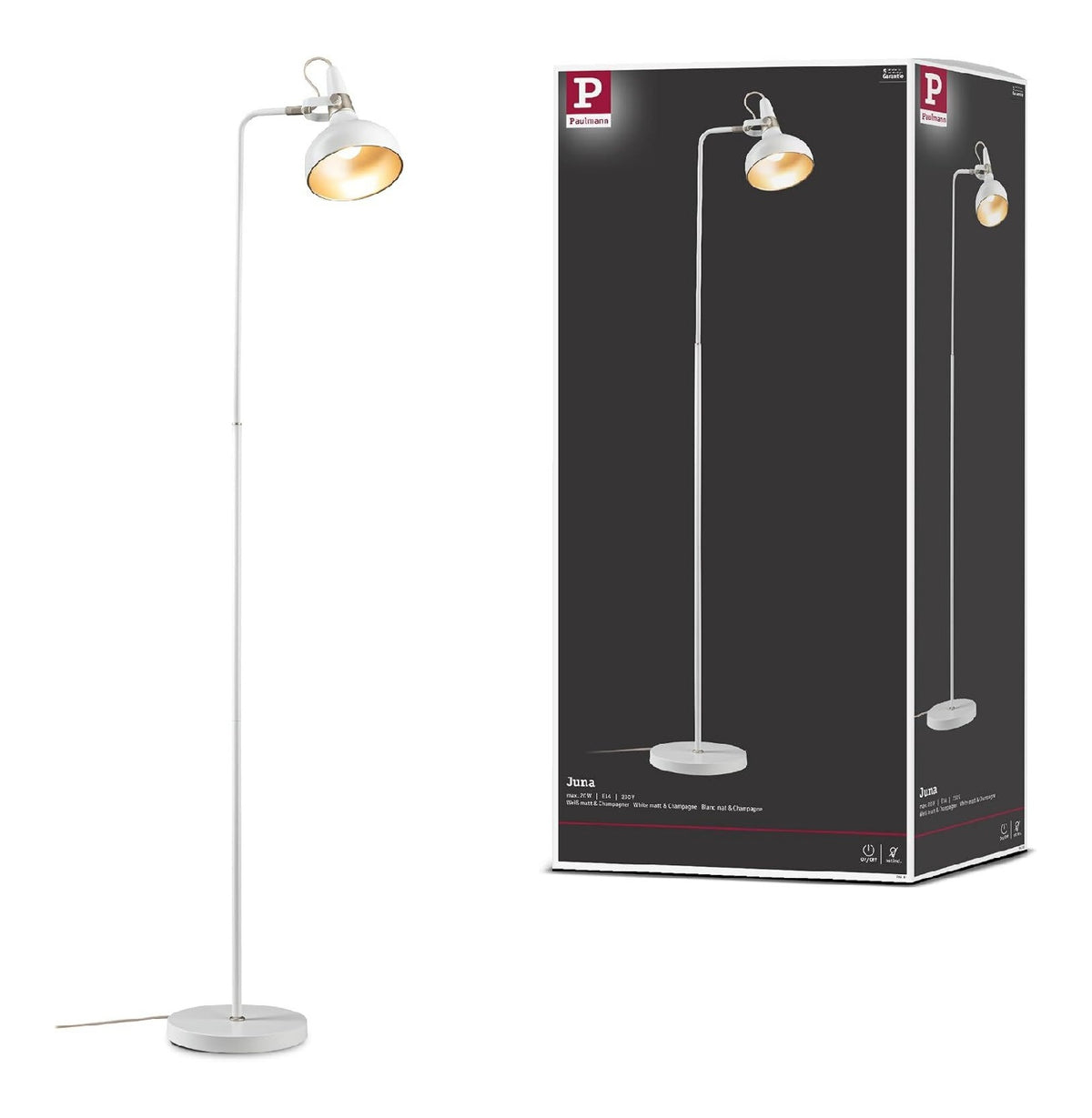 Solution lumineuse Blanc et Dore au dessin sobre en format lampadaire 20W E14