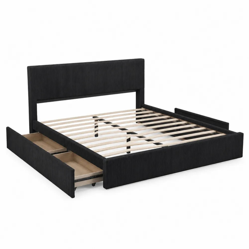 Lit double en bois et tissu avec rangement 200x160